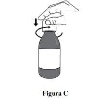 One hand holds a dark vial and turns the cap clockwise following a curved arrow to open it with a downward motion