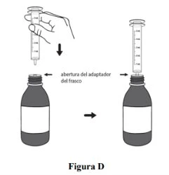 Technical drawing showing a hand inserting a syringe into a medication vial through an adapter following directional arrows