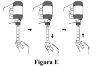 Three sequential diagrams show a hand holding a vial while the