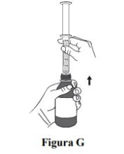 Two hands withdrawing liquid from a vial using a syringe with a black arrow pointing downward