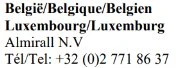 Testo nero su fondo bianco con i nomi Belgie Belgique Belgien, Luxembourg Luxemburg, Almiral N.V e il numero di telefono +32 (0)2 771 86 37