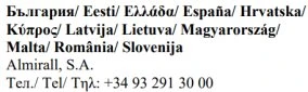 Elenco di nomi di paesi europei in varie lingue su righe bianche seguito dal nome Almirall S.A. e dal numero di telefono con prefisso spagnolo