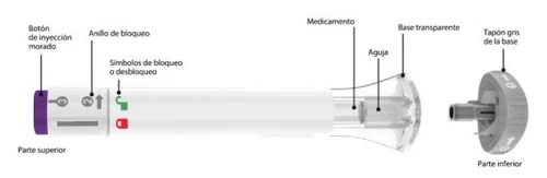 Diagramma di un dispositivo medico con etichette che indicano il pulsante viola, l'anello di blocco, il farmaco, l'ago e la base trasparente
