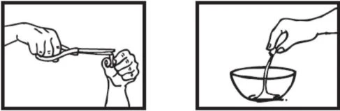 Disegno lineare che mostra una mano che usa delle forbici per tagliare un tubicino e un'altra mano che versa un liquido in una ciotola