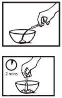 Una mano agita il contenuto di una ciotola con una bacchetta e un secondo riquadro mostra l'attesa di 2 minuti con un cronometro