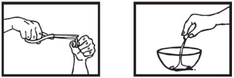 Line drawing showing two hands extracting contents from a vial and one hand pouring liquid into a bowl