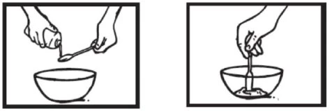 Two-step drawing showing hands pouring contents from a bottle into a bowl and then mixing the contents with a spoon