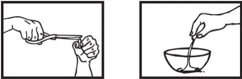 Black and white drawing showing a hand using tweezers to open a small bottle and a