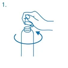 A hand rotates the cap of a bottle clockwise, indicated by a blue curved arrow, to open it