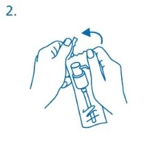 Two hands hold a bottle with a press dispenser and a blue arrow indicates the rotational movement of the cap to open or close it