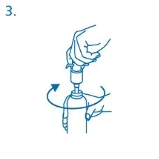 Blue line drawing showing a hand rotating the cap of a medical bottle following a circular arrow to open or close it