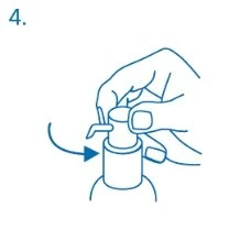 Blue line drawing showing two hands rotating a cylindrical cap on a container, with a curved arrow indicating the direction of rotation