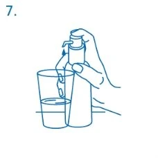 Blue line drawing of a hand holding a press dispenser bottle above a glass containing liquid