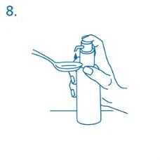 Blue line drawing of a hand holding a spray bottle and pressing down on the dispenser