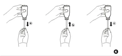 Tre diagrammi mostrano le mani che maneggiano un flacone con un ago: spingere verso il basso, tirare verso l'alto