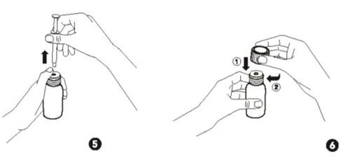 Disegno tecnico che mostra due mani che estraggono un ago da un flacone e altre due mani che svitano il tappo dello stesso flacone