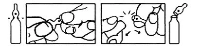 Disegno tecnico che mostra le fasi per aprire un flaconcino medico e prelevare il contenuto tramite una siringa o un contagocce