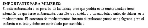 Spanish text on a white background warning pregnant or breastfeeding women to consult a doctor before using the medication