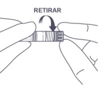 Two hands holding a cylindrical medical device with a curved arrow and the word RETIRAR indicating a downward removal motion