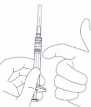 Black line drawing of a hand holding a syringe vertically with the needle pointing upward