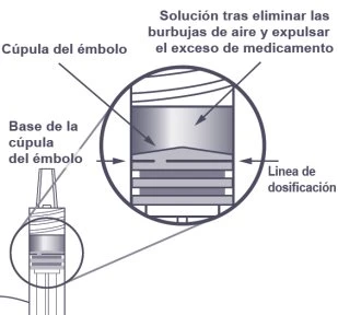 Technical diagram of a syringe with an enlargement showing the plunger head