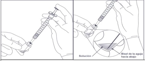 Two illustrations showing hands handling a syringe to aspirate a solution with the