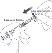Two hands assembling a Luer-Lock syringe by screwing an injection needle onto the syringe barrel with a directional arrow