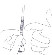 Thin-line drawing of a hand holding a graduated syringe vertically with the