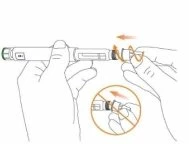 Mani che ruotano la parte superiore di una penna iniettore per prepararla e un cerchio con una sbarra che indica di non ruotarla in quel modo