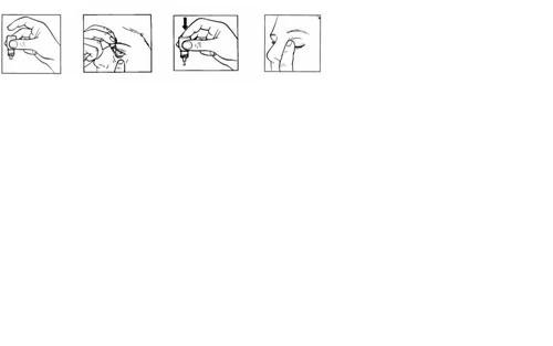 Four sequential drawings show how to hold a medical device, apply it to the skin of the nose, and press down