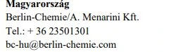 Czarny tekst na białym tle z napisem Magyarország, Berlin-Chemie/A. Menarini Kft., numerem telefonu i firmowym adresem e-mail