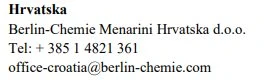Tekst z napisem Hrvatska, nazwą firmy Berlin-Chemie Menarini Hrvatska d.o.o., numerem telefonu + 385 1 4821 361 i