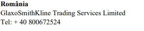Czarny tekst na białym tle z napisem România, GlaxoSmithKline Trading Services Limited oraz numerem telefonu + 40 800672524