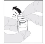 Two hands holding a glass vial while one hand turns the cap counterclockwise, indicated by a curved black arrow