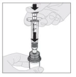 Hands holding a syringe and pressing the plunger down to draw up the contents from a glass vial with a rubber stopper