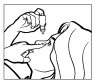 Black and white drawing showing a hand holding a vial and the