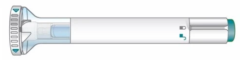 White pen-shaped medical device with a transparent tip on the left and a dark green cap on the right end