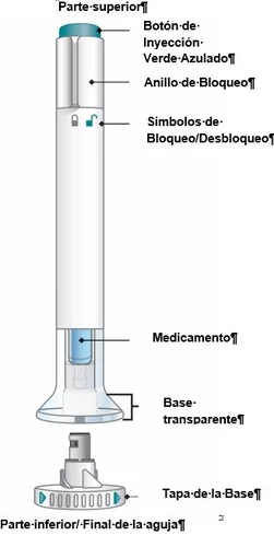 Pen-shaped medical device with a turquoise injection button, locking ring, unlock symbols, medication container, and transparent base