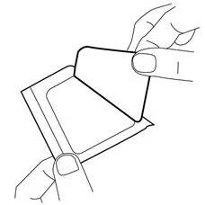 Black line drawing showing two hands carefully opening a flat, rectangular medicine pouch