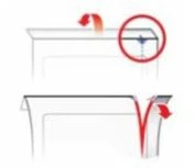Diagramma medico che mostra due fasi per l'apertura di un contenitore con frecce rosse che indicano il movimento di sollevamento e di scorrimento laterale