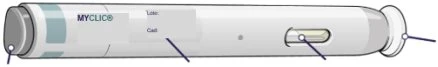 White MYCLIC injection pen with black lettering, label for batch and expiration date, viewing window and activation button