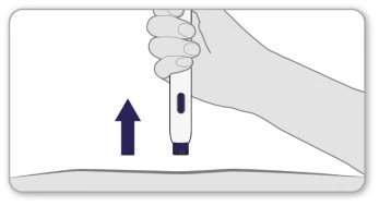 A hand vertically gripping a medical device with a blue arrow pointing downward