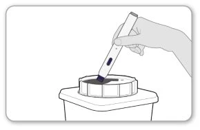 A hand holding a white injection pen and pressing it against the lid of a medical waste disposal container