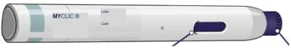 White medical injection pen MYCLIC with black lettering, a central transparent window and a dark blue cap