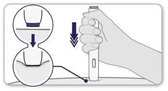 Medical illustration showing a hand pressing an auto-injector device against the skin with arrows indicating downward movement