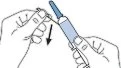 Two hands gripping an injection pen with a black arrow indicating the downward pressing motion for