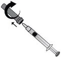 Diagram showing a syringe with a curved arrow indicating the rotational movement of the upper cap for removal