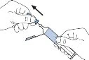 Two hands forcefully separating the top and body of a glass vial with a black arrow indicating outward movement