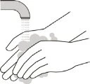 Line drawing of two hands being washed under a water stream
