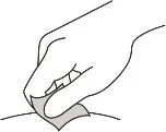Line drawing of a hand applying a plaster bandage to a skin surface by pressing with the fingers